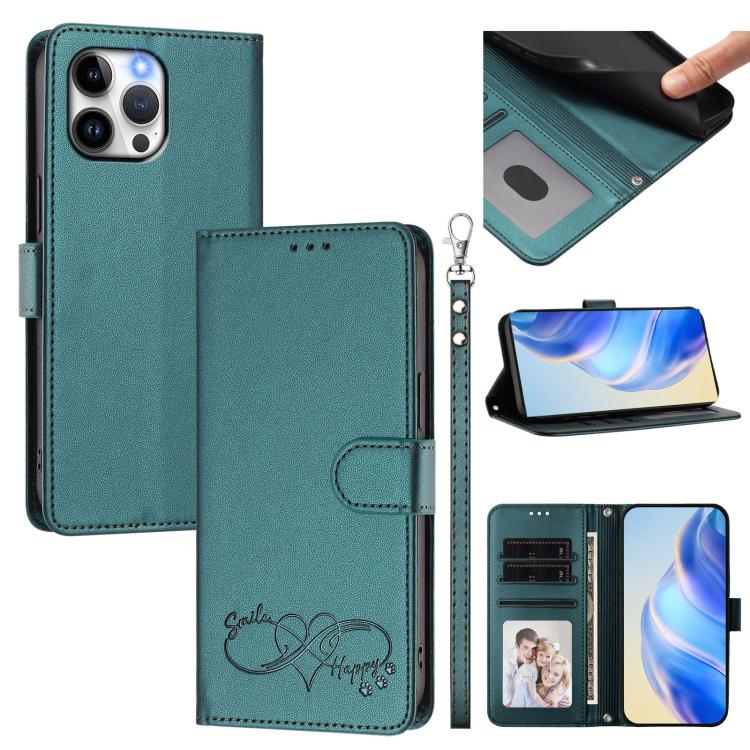 Happy Heart Pattern Magnetic Closure Vegan Leather Phone Case With Wrist Strap For iPhone Shockproof Protective Cover