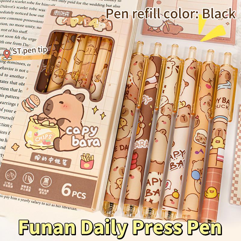 Набор из 6 ручек Kawaii Capybara Gel Pen, быстросохнущие черные и синие чернила, симпатичные гелевые ручки Press, эстетичные канцелярские принадлежности для школы и офиса