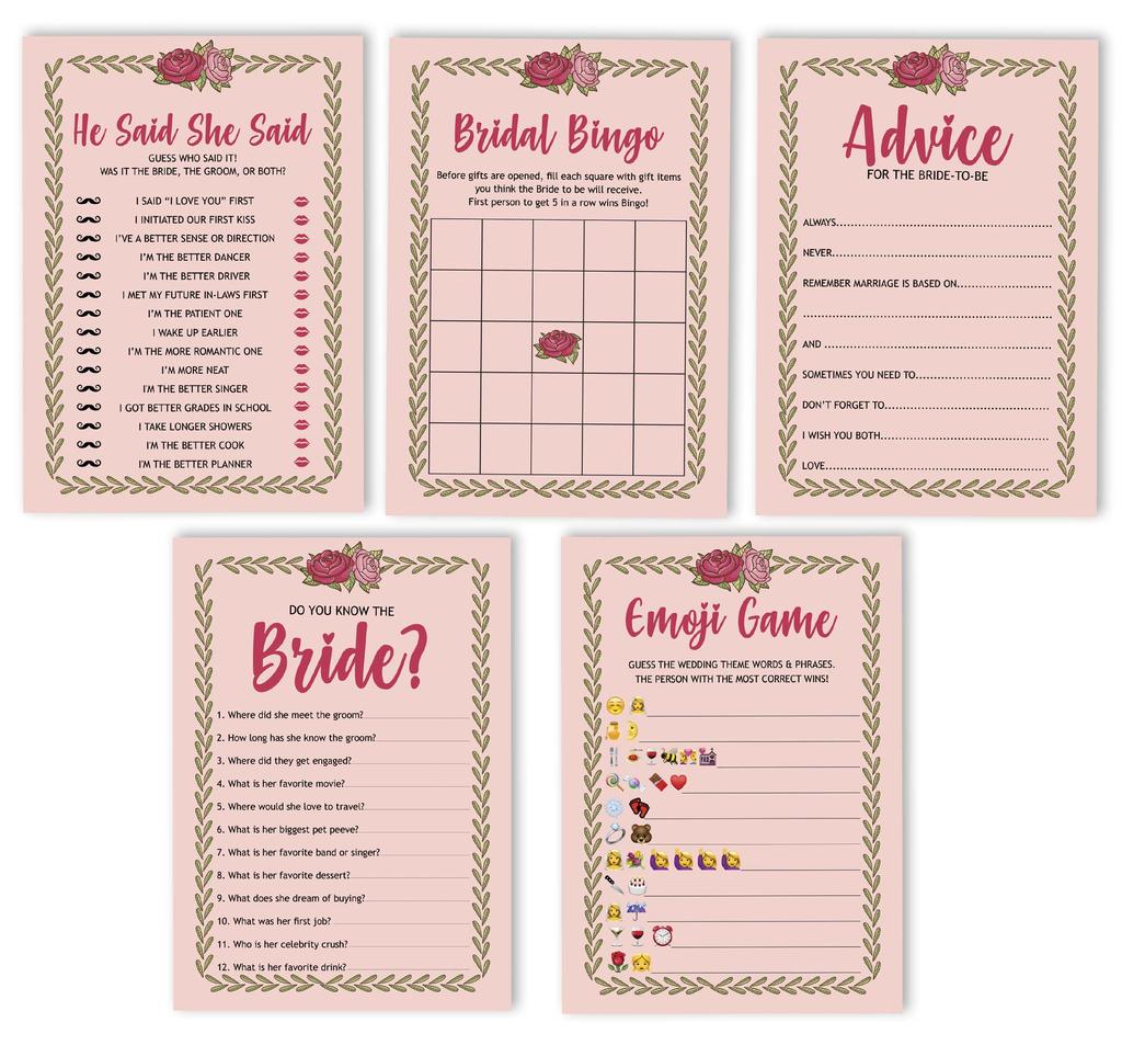 Inkdotpot Bridal Shower Games Set of 5 (Activities for 50 Guests) Floral Theme Fun Bachelorette Party Games Set Bundle