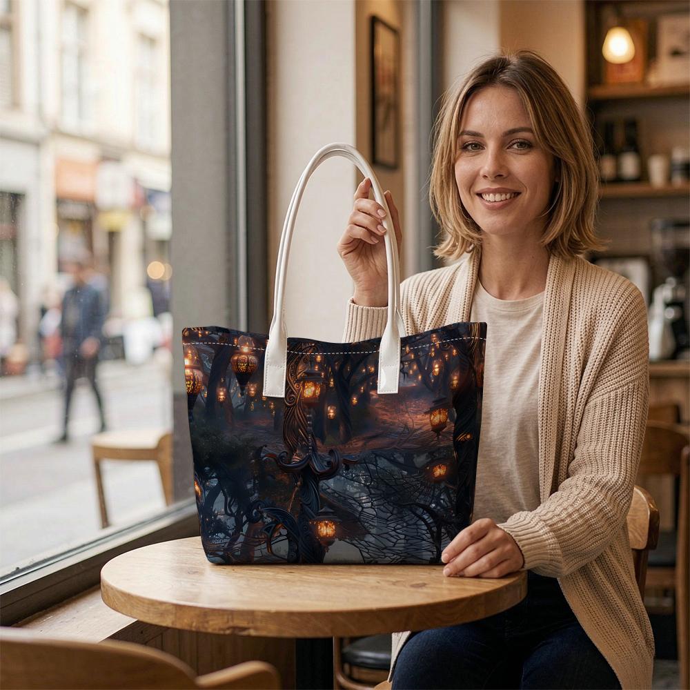 Gothic Lantern Pattern Tote Bag Dark Magic Style Casual Handbag Large Capacity Daily Shoulder Bag For Outdoor Shopping Travel
