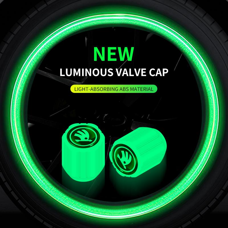 4PCS Luminous Car Tire Valve Cap Fluorescent Night Glowing Decor For Skoda Rapid Octavia A5 S Kodiaq Fabia A7 Octavia VII