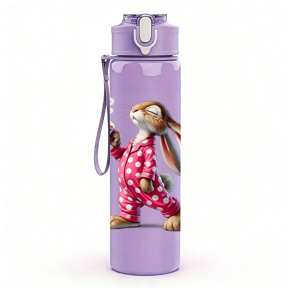 1PC Pink Polka Dot Bunny Rabbit Print 750ml Color Plastic Sports Water Bottle Leakproof Flip Straw Lid Suitable for Sports Office Home Use