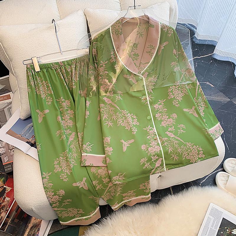 Spring and Summer Ice Silk Women's Pajamas Homewear Set Premium Green Printed Pajamas Long Sleeve Long Pants Pajama Set