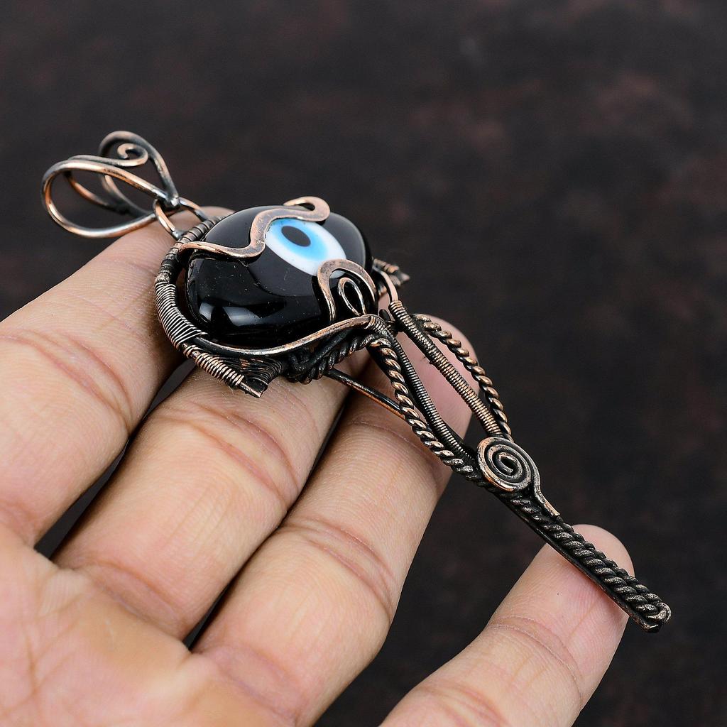 Черный цвет кулон от сглаза, медная проволока, обернутая кулоном, ручная работа, проволока, обернутая ювелирным изделием, драгоценный камень, кулон из меди, ювелирное изделие, подарок для него