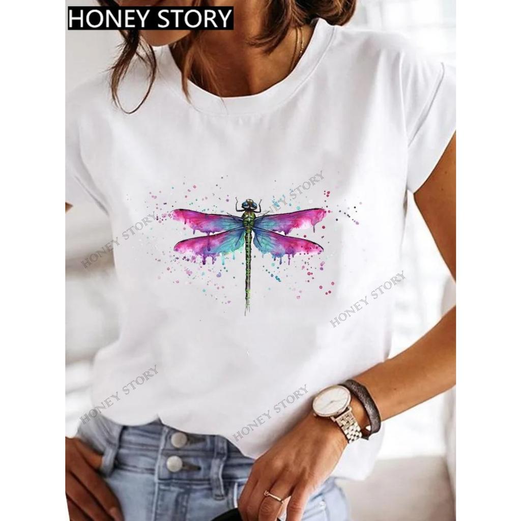 Dragonfly Butterfly Print Blouse Loose Women's Short-sleeved T-shirt Round Neck Casual Fashion Daily