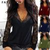 Повседневная женская кружевная футболка с v-образным вырезом и длинным рукавом, весенне-зимняя одежда, сексуальная однотонная черная футболка, офисный женский топ