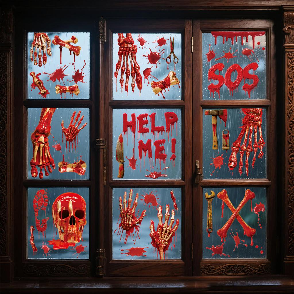 Halloween Window Clings Set Scary Bloody Handprint Sticker 3D Skeleton Head Horror Party Decor