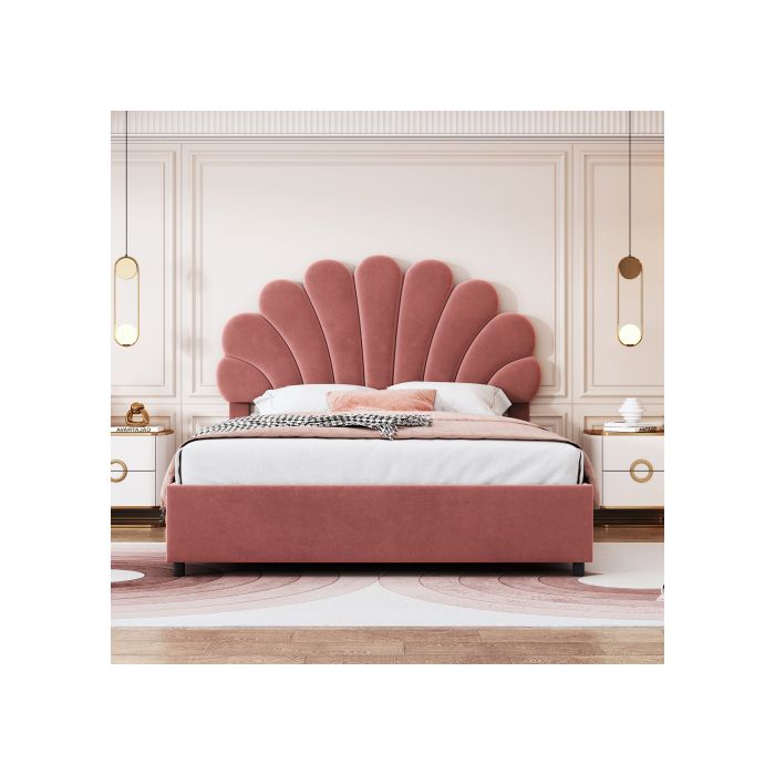 Lit capitonné - MUVOE - 140x200 cm - Tête de lit réglable - Rangement intégré - Velours doux