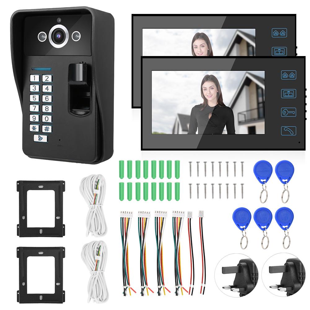 7in Fingerprint RFID Password Video Intercom 2 Monitor Wired Doorbell Access System100-