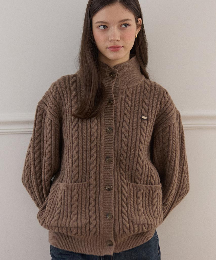 OURHOPE Caroline Wool High-Neck Button Cardigan - Brown