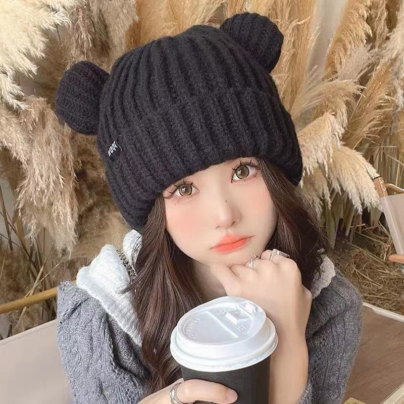 Cute Bear Ears Large Version Loose Wool Hat Female Winter Thickened Warm Versatile Knitted Hat Shows Small Face