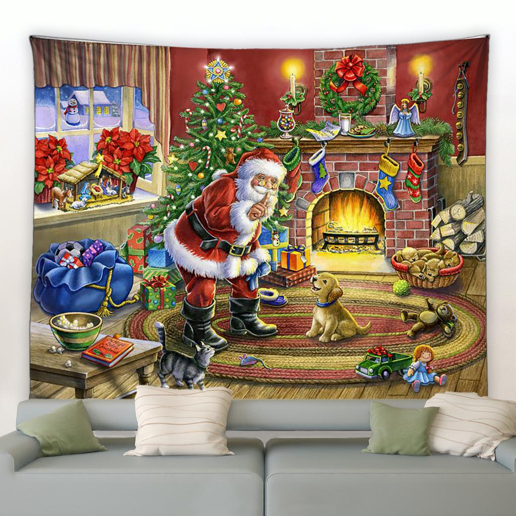 Home Decor Art Wall Hanging Dorm Bedroom Living Room Christmas Tapestry Santa Christmas Tree Ball Gift Fireplace Decoration