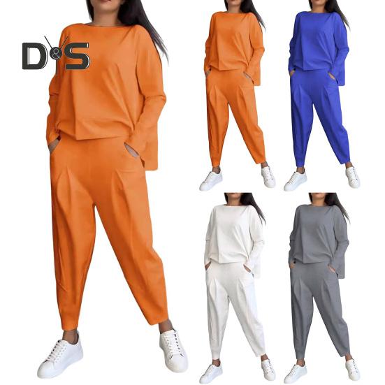 2 Pcs/Set Women Top Pants Suit Round Neck Long Sleeves Solid Color Irregular Sweatshirt Drawstring Elastic Waist Trousers Daily Wear Sport Outfit