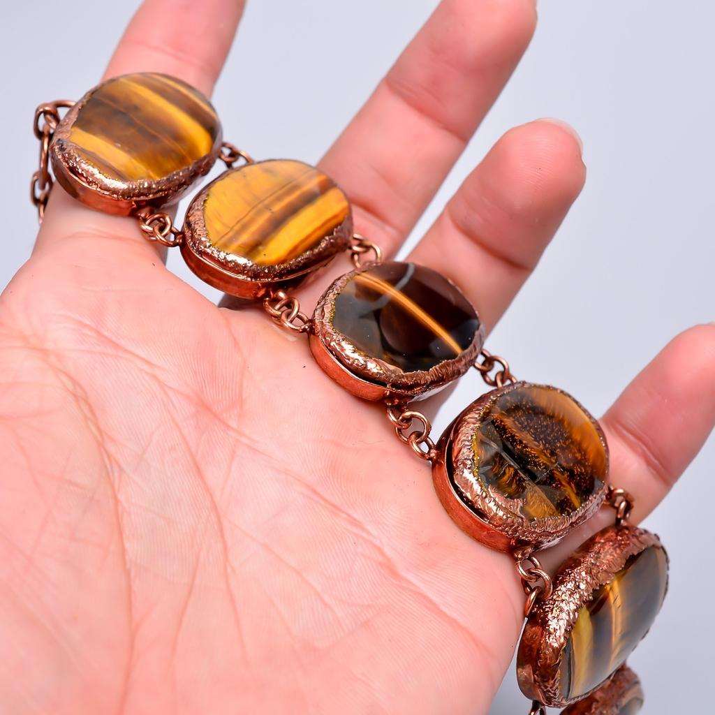 Natural Tiger Eye Copper Electroformed Statement Sacral Chakra Bracelet Jewelry V-75