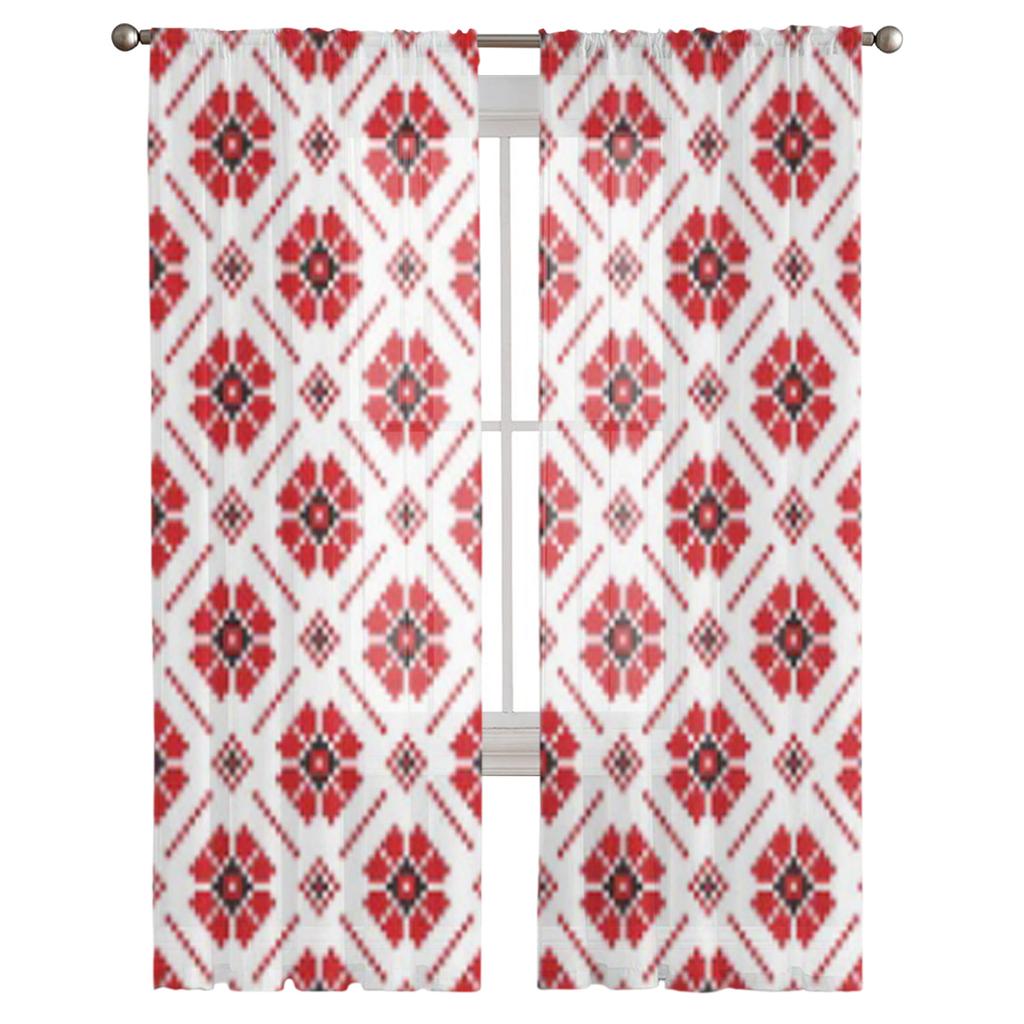 Прозрачные шторы с украинским орнаментом для гостиной, прозрачный тюль, занавески для окон, спальни, кухни, домашний декор, вуаль, шторы