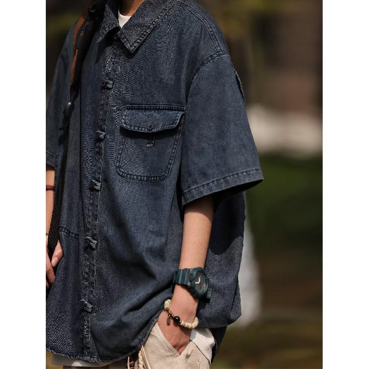 Летняя мужская новая стильная потертая джинсовая рубашка с короткими рукавами в стиле ретро, уличная модная рабочая одежда, рубашка в стиле милитари