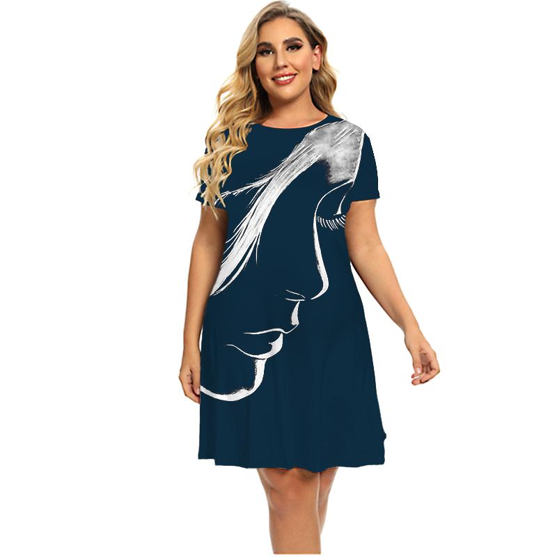 Платье с принтом для лица, женское свободное платье с коротким рукавом, летнее мини-платье большого размера, повседневная женская одежда больших размеров