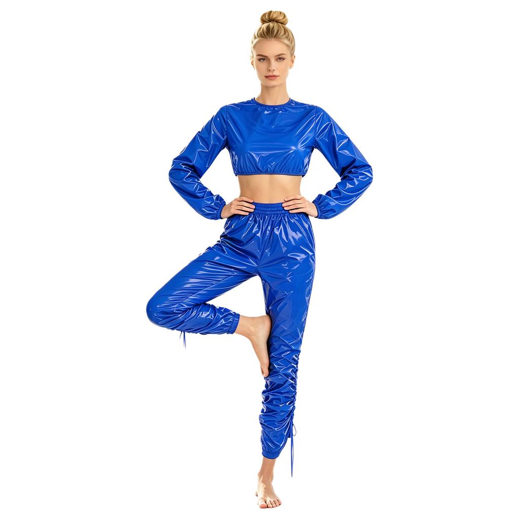 Waterproof Vinyl Long Sleeve Crop Top and Elastic Waist Capri Pants Set with Back Zipper Side Drawstrings for Women Fitness Workout
