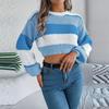 Women's Fashion Casual Loose Colorblock Striped Round Neck Sweater Long Sleeve Pullover Top