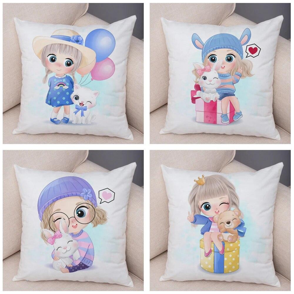 Children's Room Sofa Home Pillowcase Cute Cartoon Girl and Cat  Decoration  Animal Cushion Cover