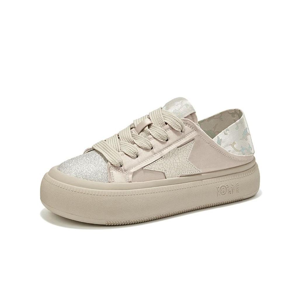 Internet Celebrity Thick-soled Star Casual Little White Shoes 2024 Summer and Autumn New Versatile Satin Mid-heel Bright Outer Wear Sports Shoes