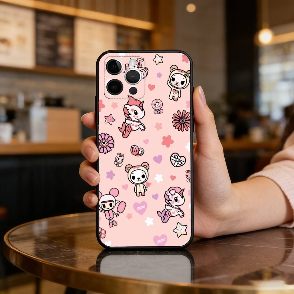 Japan T-Tokidokis CUTE Phone Case For iPhone 17,16,15,14,13,12,11 Plus,Pro Max,Soft Silicone Black Cover