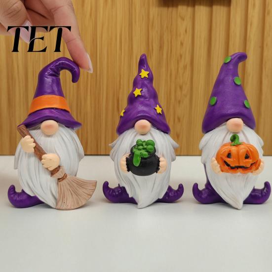 Hand Painted Desktop Figurines Halloween Gnome Resin Figurine, Broom Cauldron Pumpkin Dwarf Cute Cartoon Wizard Gnomes Statue for Desk Shelf,
