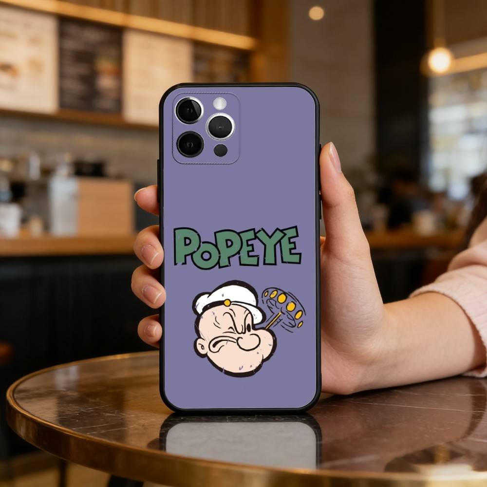 P-Popeye CARTOON Phone Case For iPhone 17,16,15,14,13,12,11 Plus,Pro Max,Soft Silicone Black Cover