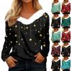 Women's Fashion Casual Long Sleeve Christmas Printed Plush Collar V-Neck Top