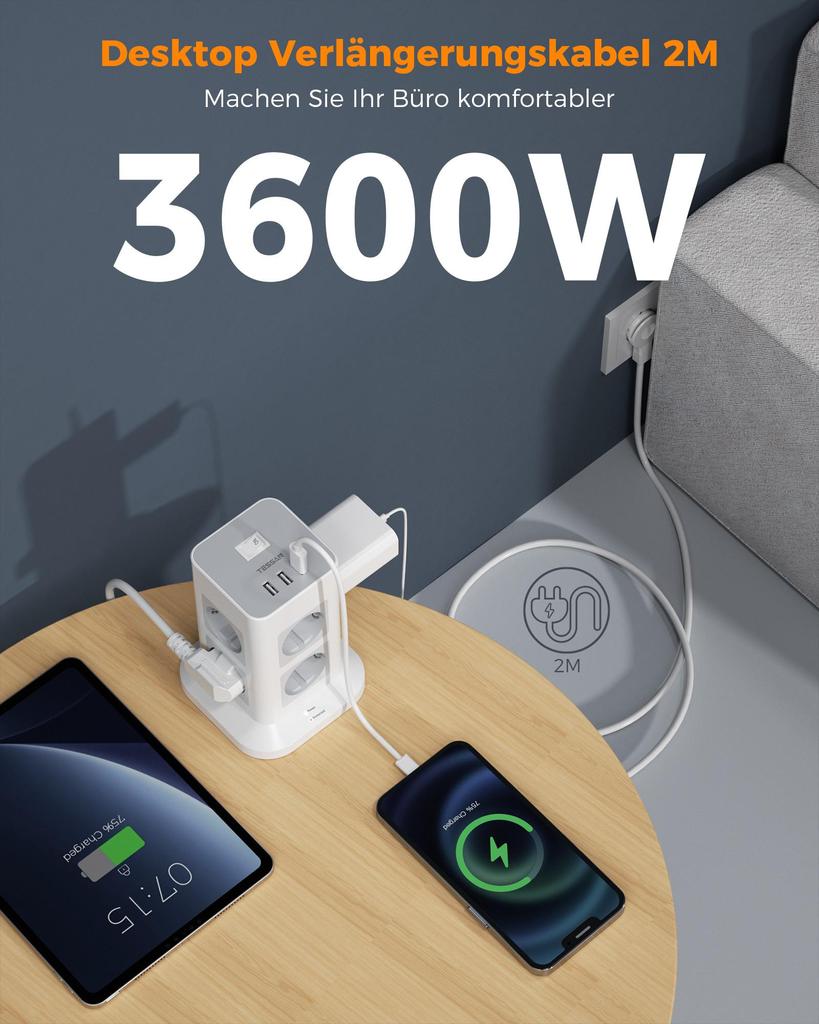 Tessan Розетка с плоской вилкой, 8-контактная многоконтактная розетка с 3 USB-портами, удлинительный кабель, плоский разъем 2 м, защита от перенапряжения с несколькими вилками