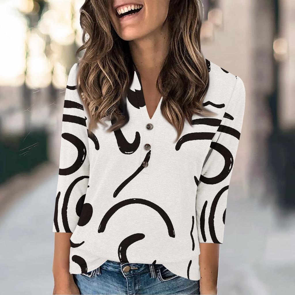 Women's Fashion Casual Loose 3/4 Sleeve Printed Round Neck Top