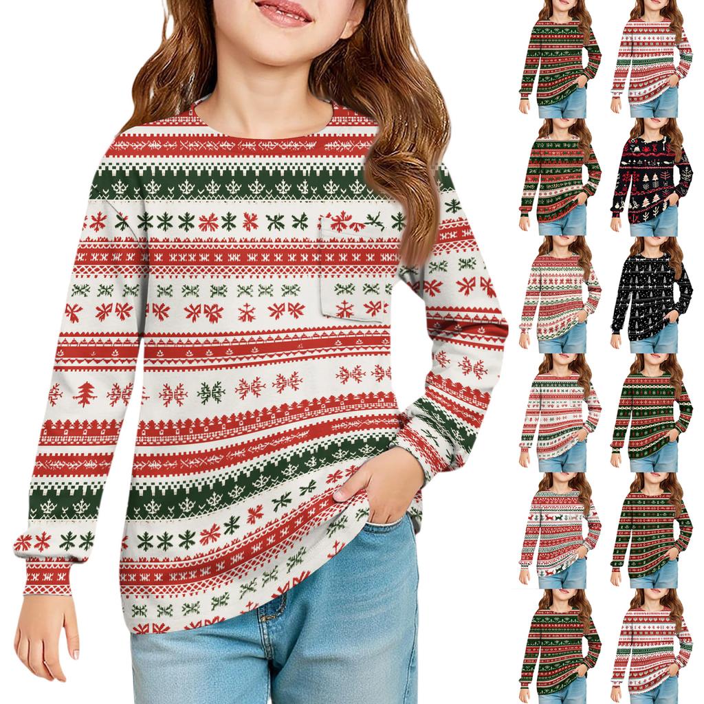 Christmas Day Girls' Long Sleeve Blouse - Round Neck Soft Waist Tunic