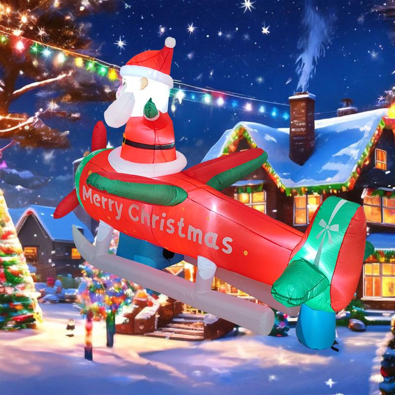 2.7M/8.8FT Inflatable Toys Christmas Decorations Santa Fly Plane LED Lights Model Xmas Festival Party New Year Outdoors Decor
