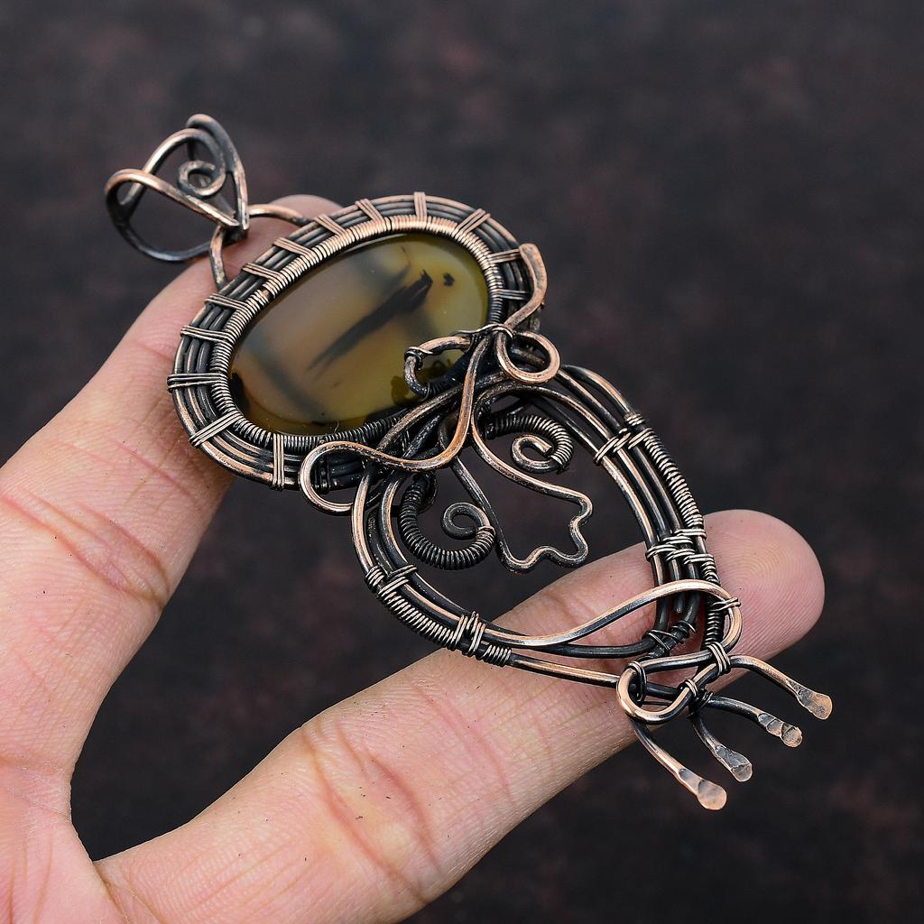 Подвеска из агата Монтана, подвеска из медной проволоки, подвеска ручной работы, драгоценный камень, медные украшения, потрясающий кулон, подарок для нее, ювелирные изделия из проволоки