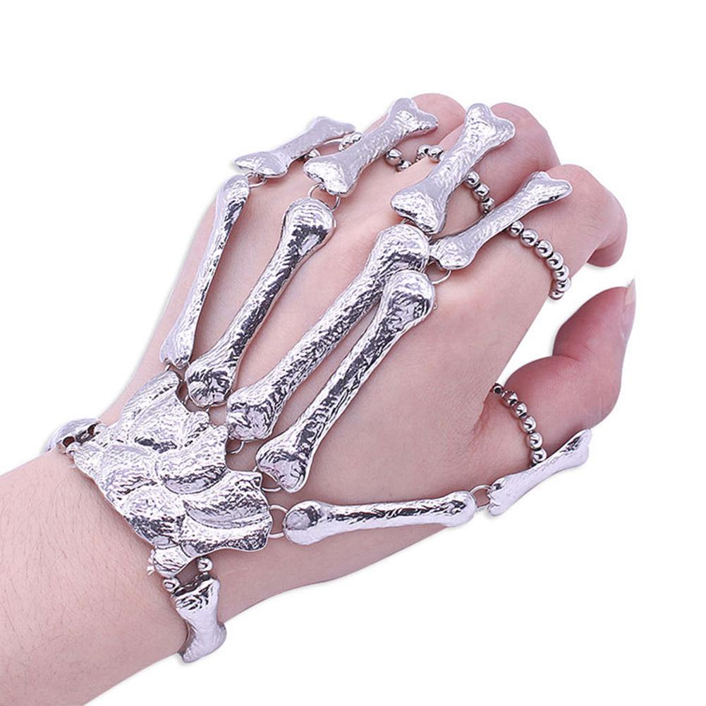 Unisex Elastic Metal Skeleton Linked Hand Chains Halloween Punk Style Bracelet Ornaments