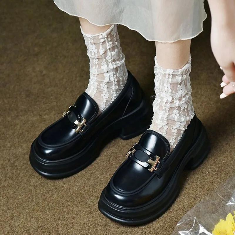 Women Loafers British Leather Shoes Platform Slip-on Thin Shoes Thick Sole Wide Heels Lolita Flatform Shoes Preppy Style Loafers