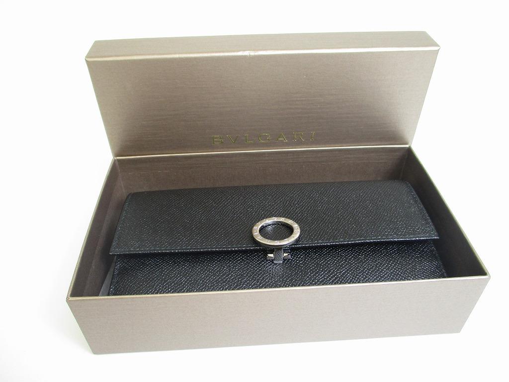 Оригинальный длинный кошелек BVLGARI из черной кожи с логотипом и клапаном на клипсе #a689 Восстановленный