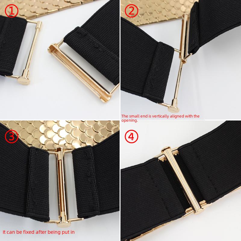 Women's Fashion Metal Elastic Belt with Fish Scale Pattern - Versatile Wide Elastic Waistband for Dresses