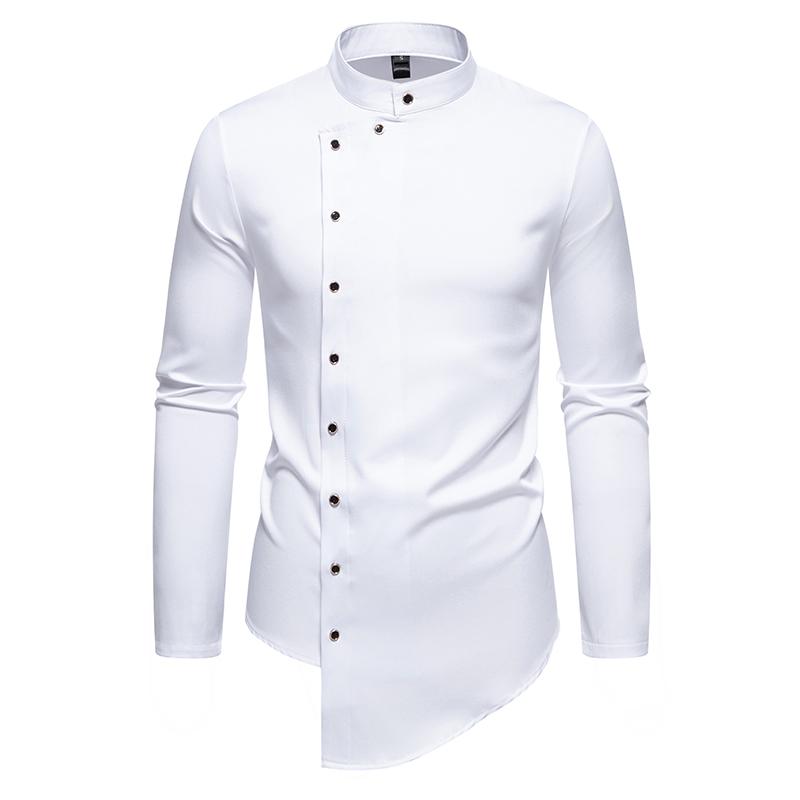 Autumn Men's Trendy Irregularly Degsin Shirts Long Sleeve Stand Collar Solid Color Casual Shirts Single Breasted Shirts