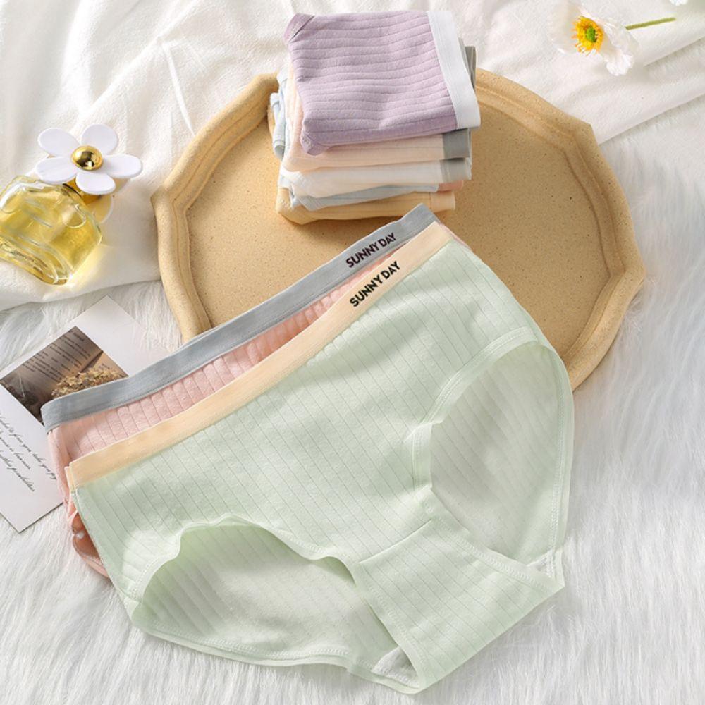 4Pcs Mid Waist Underwear for Women Letter Stripe Underpants Breathable Simple Briefs  Gifts