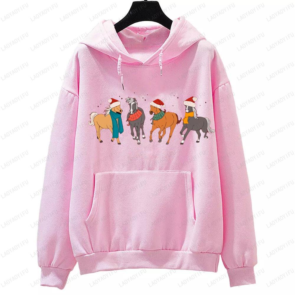 Лошади в рождественской шапке Санты Толстовка Женская Мужская Одежда Осень Зима Худи Любитель Лошадей Фермерские Животные Рождественский Свитер Подарок