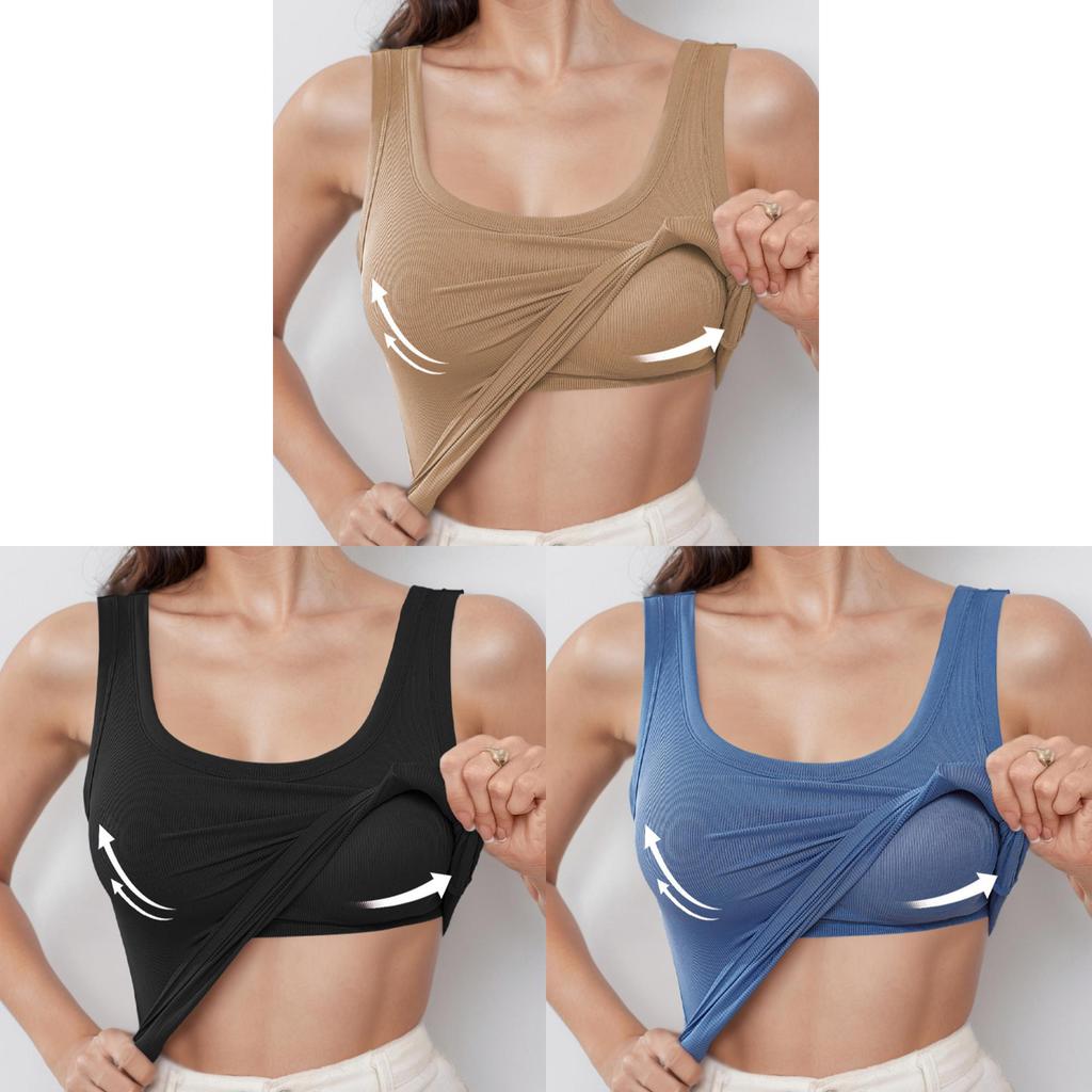 Nylon Spandex Solid Color Design Ladies Tank Top With Builtin Bra For Summer Casual Wear