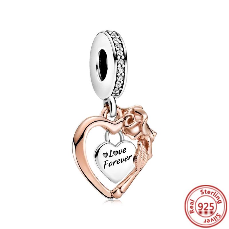 Hot Sale Rose Gold Series Pink Zircon Leaves Heart Pendant Sparkling Clip Bead Fit Charm Bracelet DIY S925 Silver Jewelry