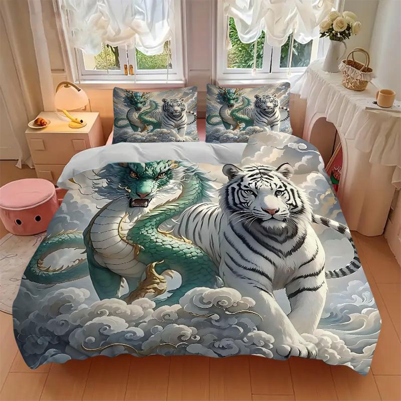 3pcs Turquoise Dragon and Snow Tipped Tiger Soaring Through Clouds Bedding Set - Includes Quilt Cover and Pillowcases, Suitable for All Seasons,