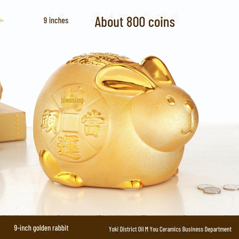 Керамическая копилка с золотым кроликом на удачу - креативный подарок и украшение для дома