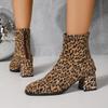 Foreign Trade New European and American Style Leopard Print Square Head Thick Heel Short Boots Women's Suede Medium Heel Short Tube Rear Zipper Martin