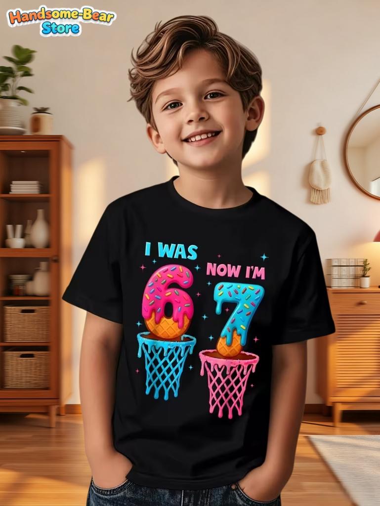 67 Meme T-Shirt for Kids 6-7 Years Old Birthday Party Gifts Summer Short Sleeve Tees Crew Neck Graphic Y2k Children's Clothing