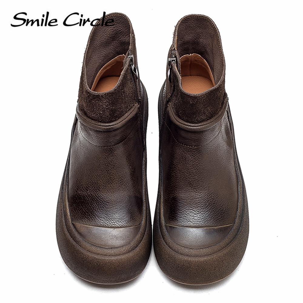 Женские ботинки из натуральной кожи, ботильоны с круглым носком и боковой молнией, модная повседневная обувь на массивном каблуке