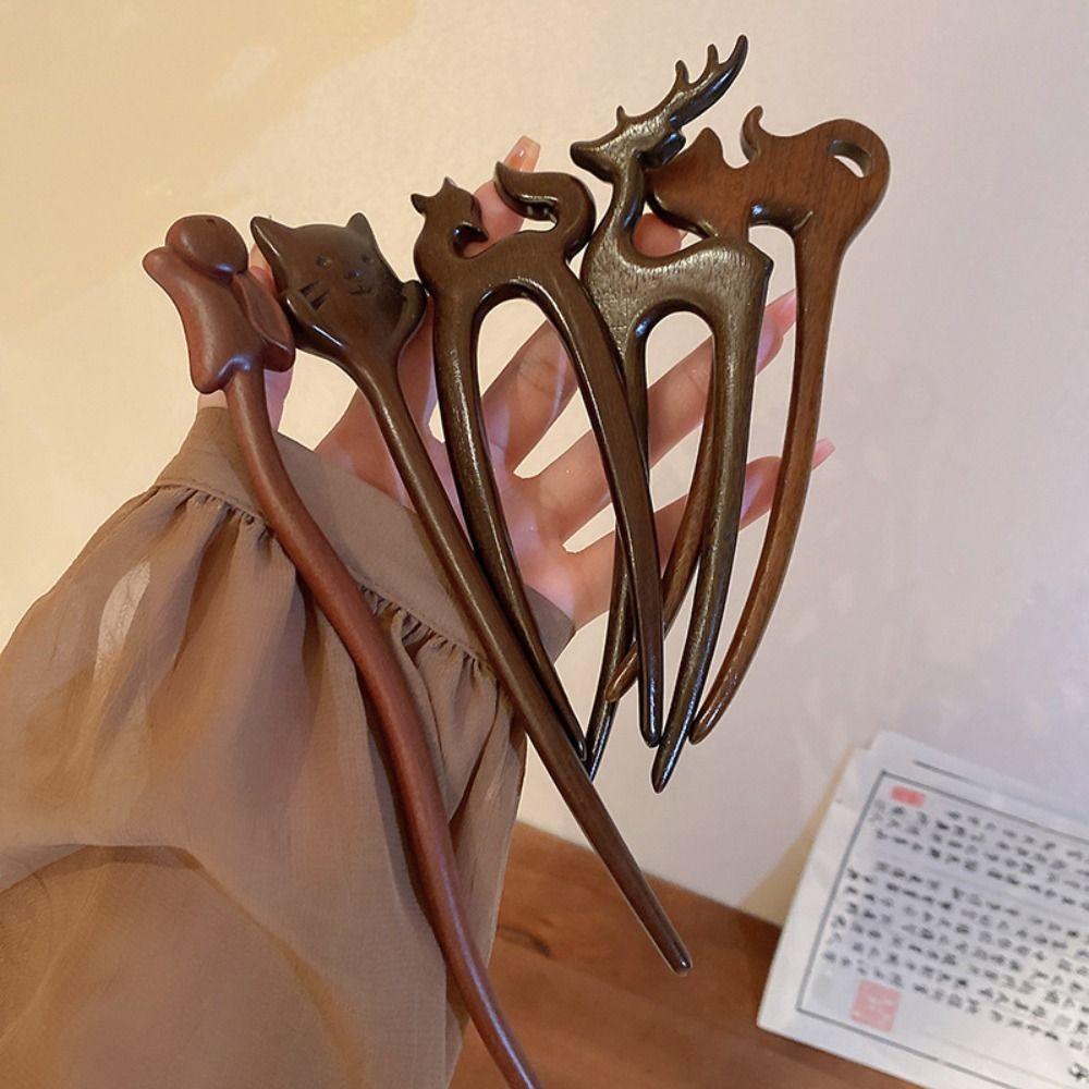 Cat Wooden Hair Stick Wood Hair Chopstick Ancient Style Chinese Style Hairpin  Girls