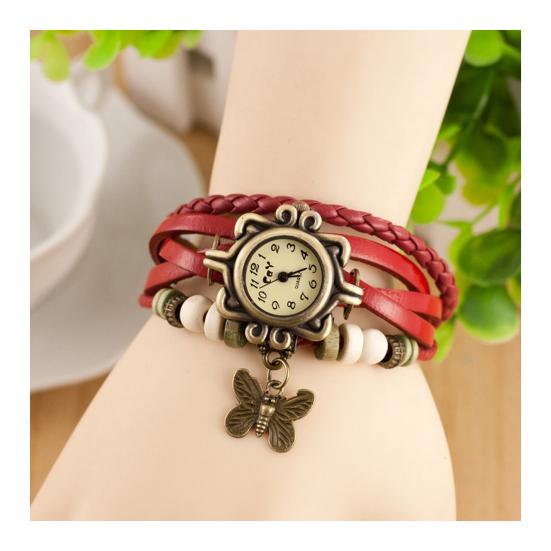 Браслет для часов с подвеской-бабочкой, бусины, плетеный ремешок, ретро, ​​искусственная кожа, многослойный, в богемном стиле, женский браслет, ювелирные изделия на запястье